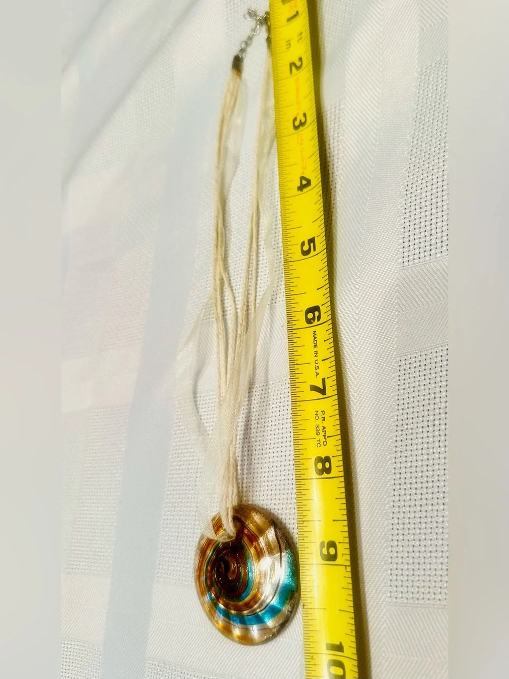 Murano Style Spiral Art Glass Round Bronze/Teal Pendant Necklace w/Claw Clasps